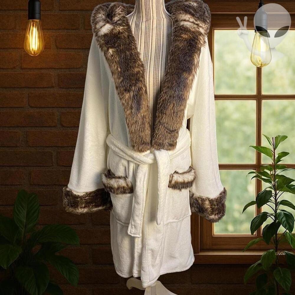 Faux Fur Ombre Robe Large Cream Brown Soft Cozy Loungewear Winter Sleepwear - Picture 4 of 6